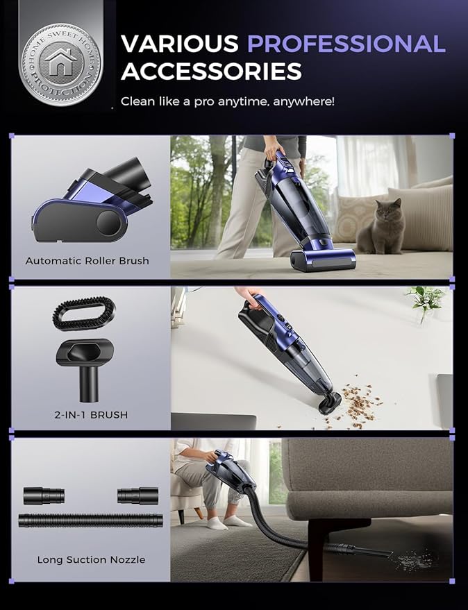 MAGIC JOHN Pet Hair Handheld Vacuum Cordless, 20000PA High Power Car Vacuum with Motorized Brush and LED Light, Rechargeable Hand Held Vacuum Cleaner with Reusable Filter for Car, Home, Office & Pet