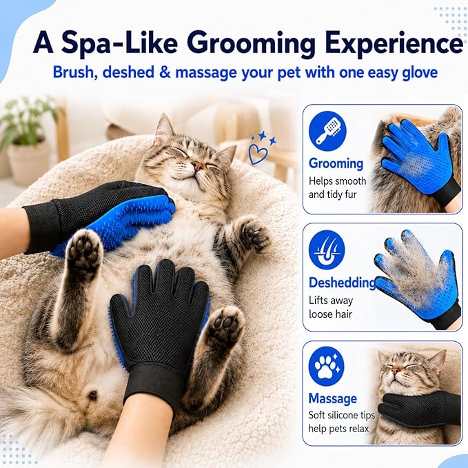 NVNAN 3 PCS Pet Hair Removal Glove and Pet Grooming Glove Kit for Cats & Dogs, Pet Hair Gloves & Dog Washing Gloves ，Reusable Magic Brush Pet Hair Remover Tool for Laundry，Carpet,Car Seat，Couch