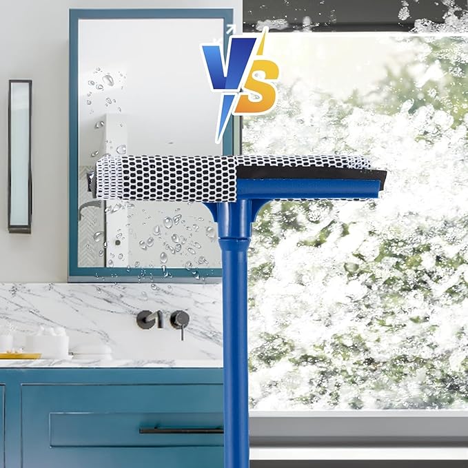 Professional 2-in-1 Window Squeegee, Equipped with a 15.9-Inch Plastic Handle, Soft Rubber Blade and Highly Absorbent Sponge, Ideal for Cleaning Glass,Shower Enclosures and High Outdoor Windows.