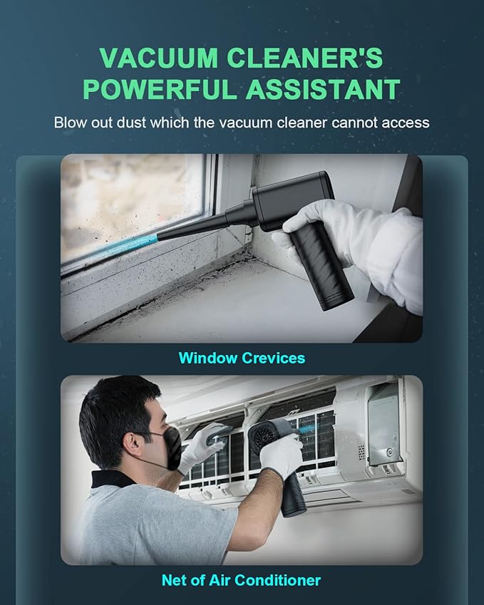 Compressed Air Duster, Rechargeable Cordless Keyboard Cleaner for Computer, 120000 RPM 6 Nozzles with Vacuum, 3000mAh Battery & 3 Speeds for PC, Car, AC and Inflatable Pool Toys