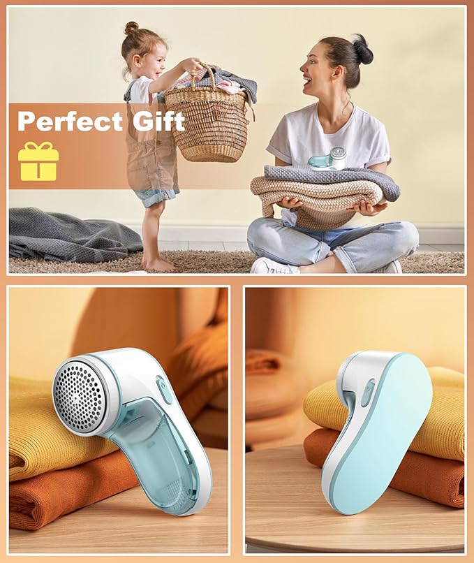 Fabric Shaver, Lint Remover Sweater Shaver, Effectively and Quickly Remove Pills, Lint Shaver with Stainless Steel 3-Leaf Blades and Safety Lock Protection(Green & White)