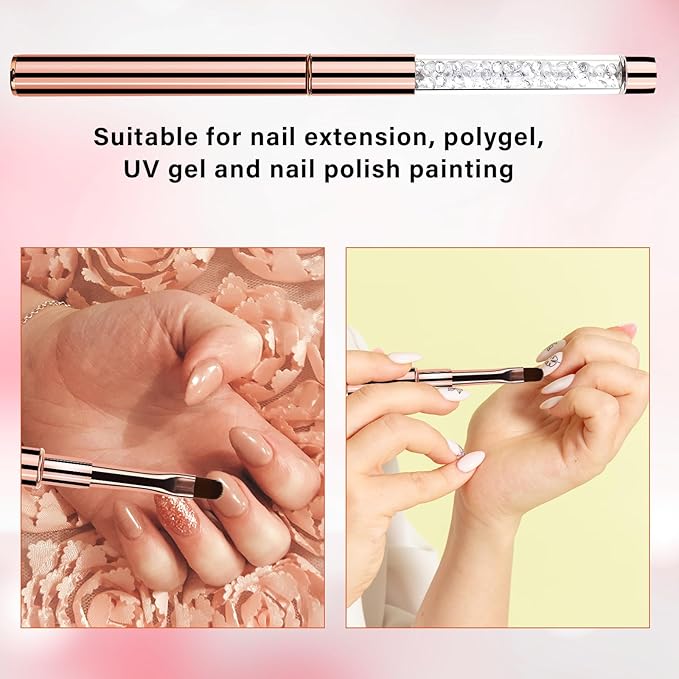 Hariendny 2Pcs Oval UV Gel Nail Brush Rhinestone Handle Nail Art Design Brushes Nail Drawing Pen Gel Brushes for Nails, rose gold