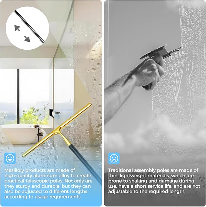 16.7“- 59.5" Long Handle Window Squeegee with Extension Pole, 12.4" Wide Metal Shower Squeegee for Glass Doors, 2-in-1 Squeegee for Home Window Cleaning, Tile Wall, Car (Gold)