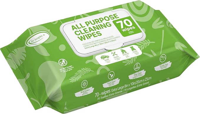 Air Jungles All Purpose Cleaning Wipes 70 Count, Extra Large 8" x 10" Heavy Duty for Car Interior, Kitchen, Bathroom, Gym Equitment, Tools - Non-Toxic Safe for Multi-Surface