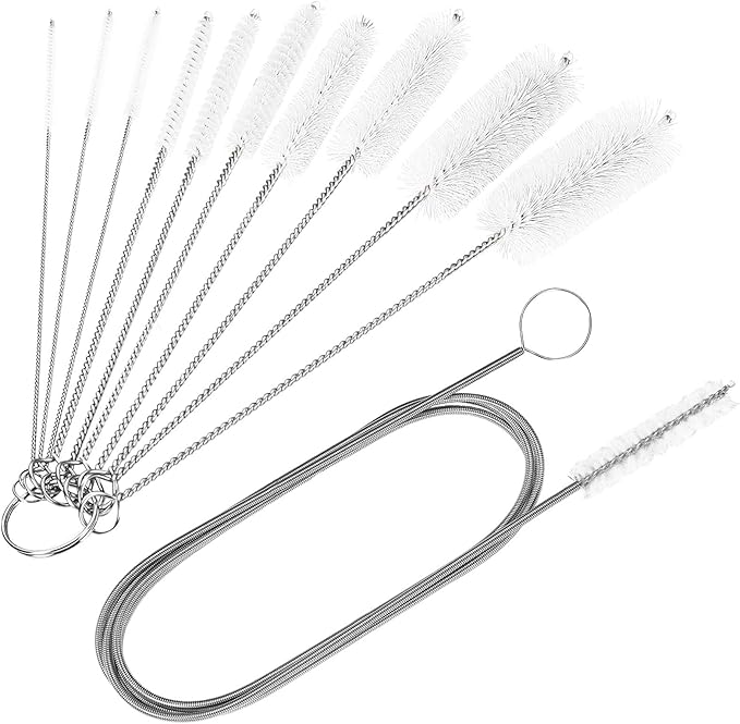 CiaraQ Bottle Cleaning Brushes, 8 Inch Nylon Tube Brush Set & A Flexible Long Drain Brush 60 inch, Cleaner for Narrow Neck Bottles Cups with Hook, Set of 11pcs, White