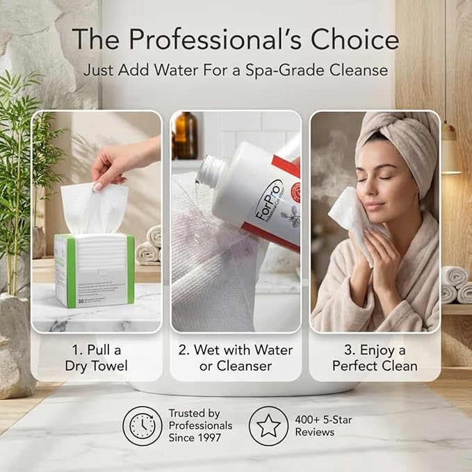 ForPro Disposable Face Towels for Sensitive Skin, XL Dry Wipes Makeup Remover, Ultra Soft Lint-Free Viscose Face Cloths, Chemical-Free Biodegradable Facial Towelettes, Vegan & Cruelty-Free, 50-Count