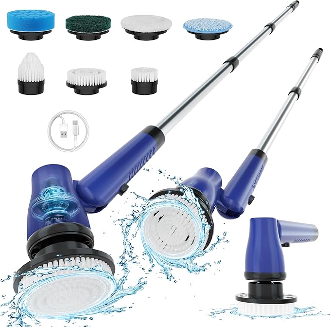 KEROMEE Electric Spin Scrubber Cordless Bathroom Scrubber with Adjustable Long Handle, 2 Speeds Power Cleaning Brush with 7 Replaceable Brush Heads for Bathtub, Tile, Floor (Blue)