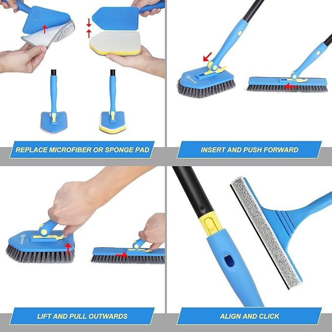 Tile Tub Scrubber Brush with 5 Different Function Cleaning Heads and 51" Extendable Long Handle Non Scratch Shower Scrubber for Cleaning Bathroom Kitchen Toilet Wall Bathtub Sink