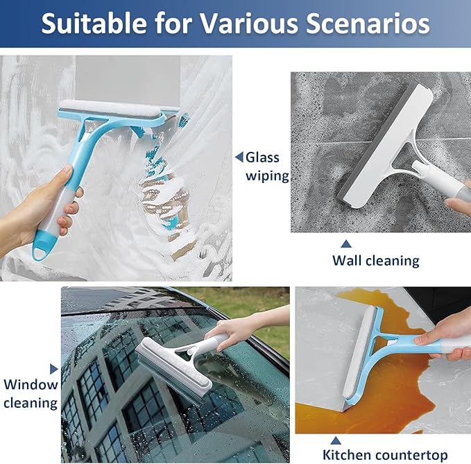 2 Pack All-Purpose Shower Squeegee for Shower Glass Door, Shower Glass Cleaner Squeegee with Spray, Washer, Wiper, 3 Functions in 1, Perfect Household Cleaner Tool