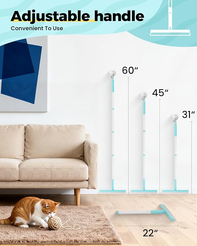 Carpet Rake for Pet Hair Removal Tool - 4 in 1 Pet Hair Remover Kit for Dog Cat Fur Remover, Contain 60" Adjustable Rubber Broom, Glove, Magic Brush and Scraper for Furniture (Blue)