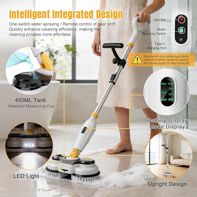 Cordless Electric Mop for Dewalt 20V Battery (NO Battery), 2 in 1 Spin Mop & Electric Floor Scrubber Machine with LED Light & Water Spray, 800 RPM Rotating Electric Mops for Floor (White Yellow)