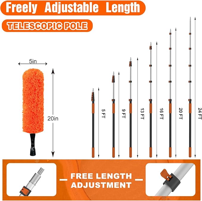 SISUPASSIE 30FT Reach High Ceiling Duster Kit, Window Cleaning kit with 5-24FT Extension Pole, Fan Duster for Ceiling Fan Blades, Microfiber Feather Duster, Rotatable Window Squeegee and Cobweb Duster