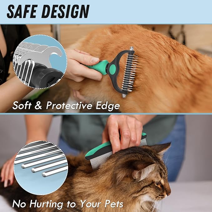 Docrok Pet Grooming Brush and Metal Comb Combo, Cat Brush Dog Brush for Shedding, Undercoat Rake for Dogs Grooming, Dematting Deshedding Brush Dogs Shedding Tool for Long matted Haired Pets, Green