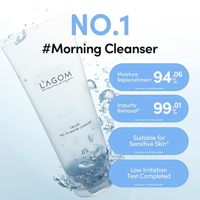 LAGOM Cellup Gel To Water Cleanser, Gentle Morning Face Wash with Hydrating Aqualicia, Non-Foaming Jelly Texture for Daily Use, low-irritation,K-Skincare 5.74 Fl Oz