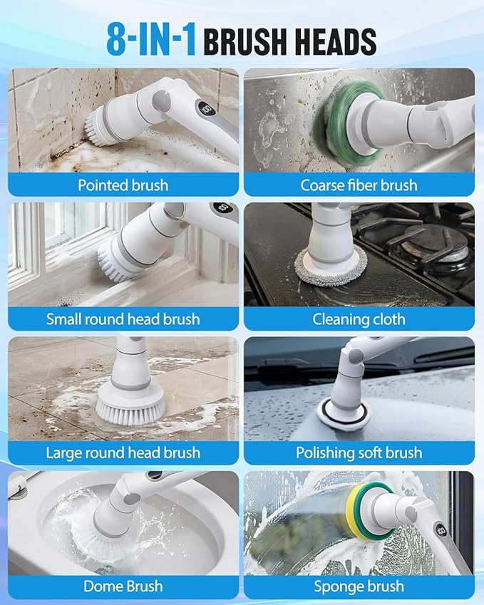 Cordless Electric Spin Scrubber, 4 Angles with 8 Replaceable Brush Heads, Adjustable Handle 3 Speeds with LED Display-90Mins Runtime, IPX7 Waterproof Scrubber Cleaner Brush for Bathtub Bathroom