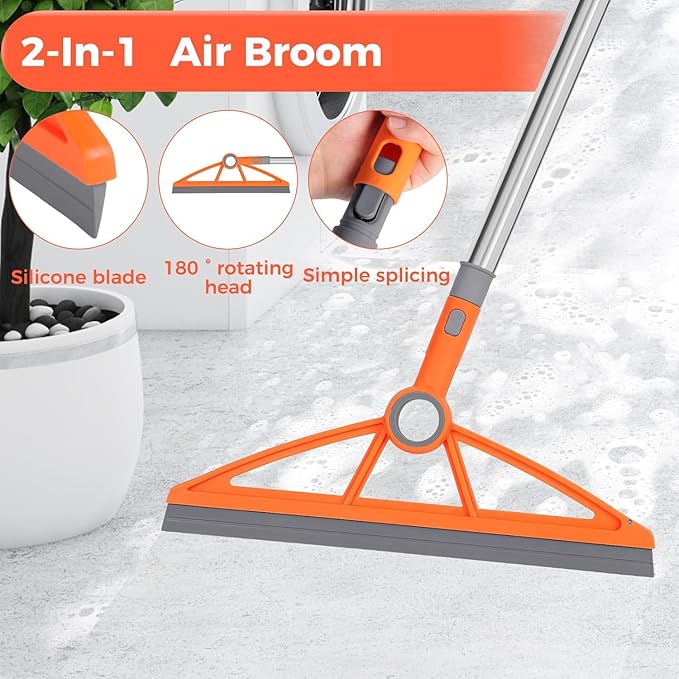 wlich 2-in-1 Air Broom, 180° Rotating 54 Inch Adjustable Silicone Rubber Broom Includes 2 Scraping Strips, Sweep and Silicone Tools with Long Handle for Cleaning Bathrooms,Glass,Tiles,Pet Hair