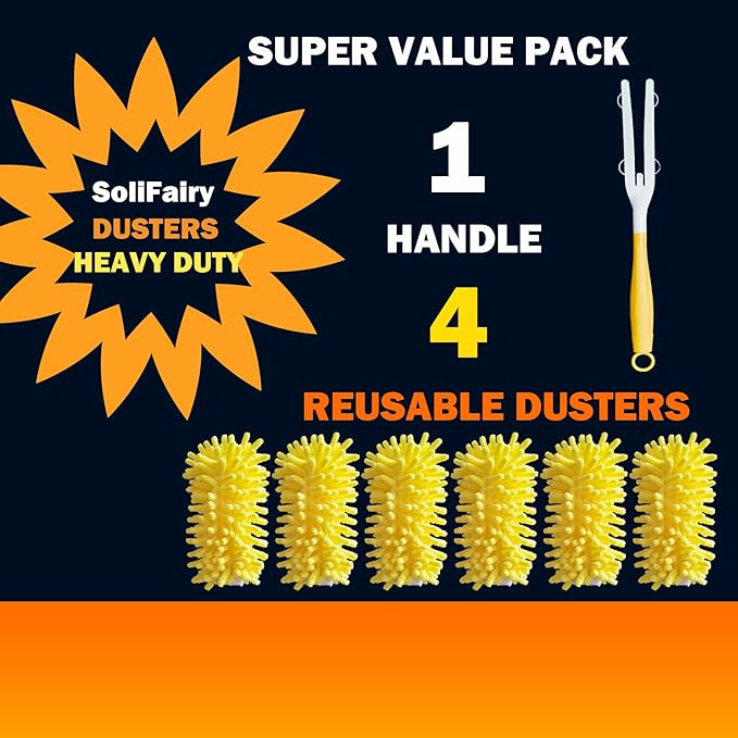 Reusable Duster for Swiffer, 360 Heavy Duty Duster Refill Compatible with Swiffer Hand Dusters for Dusting Furniture, Blinds, Ceiling Fans, Walls and More, 4 Refills +1 Handle, Yellow