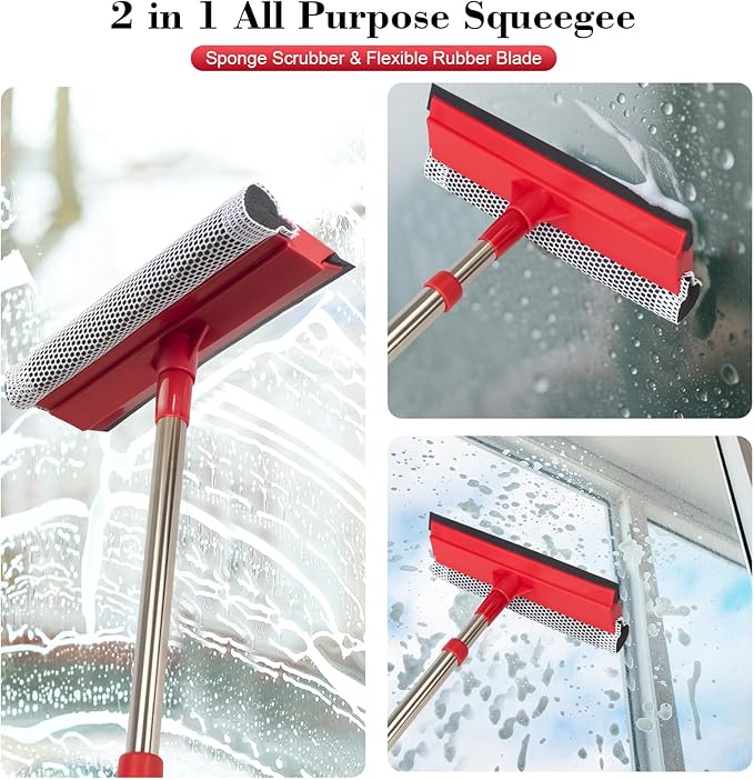 Professional Standard Window Squeegee,2-in-1 Window Cleaner Sponge and Soft Rubber Strip with Retractable Stainless Steel Handle(15.3"-23.6") for Gas Station, Glass,Shower,Outdoor Window Cleaning