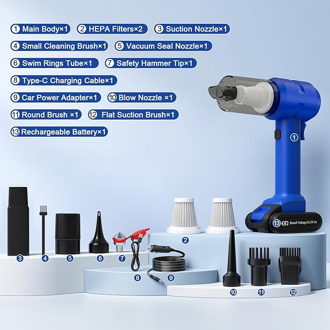 Vinid Handheld Car Vacuum Cleaner, 12000Pa Cordless Wet/Dry Vacuum & Air Blower, with Safety Hammer & Seatbelt Cutter, 80W 6000mAh Battery, HEPA Filter, Type-C Charging for Car Home Emergency, Blue