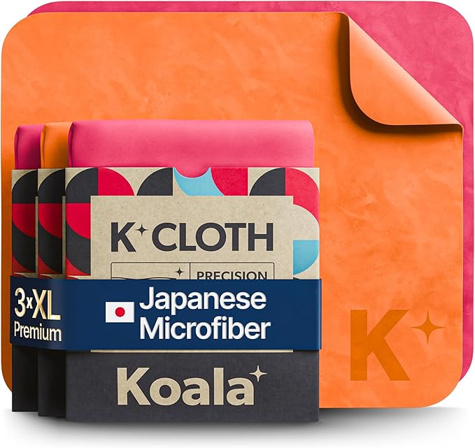 Koala Lens Cleaning Cloth | Japanese Microfiber | Glasses Cleaning Cloths | Eyeglass Lens Cleaner | Eyeglasses, Camera, VR/AR Headset, and Screen Cleaner | Pink & Orange (Pack of 3)