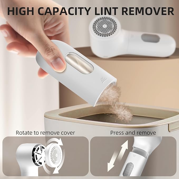 Buywoo Fabric Shaver, Electric Lint Remover, Rechargeable Lint Shaver, Household Essentials for Clothes, Upholstery, Furniture, Sweater Defuzzer to Remove Pilling, Battery Operated, White