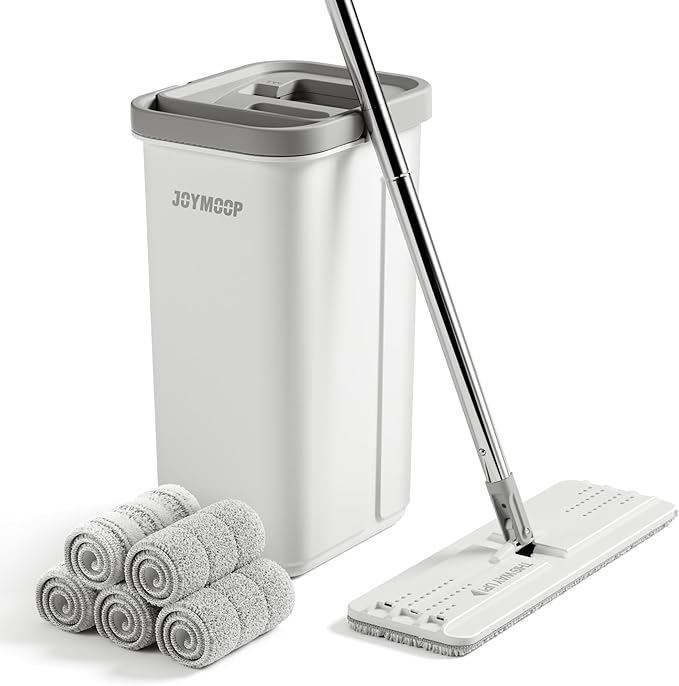 JOYMOOP Flat Mop System, Microfiber Mop and Bucket Set, White, Hands-Free Wet and Dry Floor Cleaning for Household and Commercial Use, Includes 5 Washable Pads
