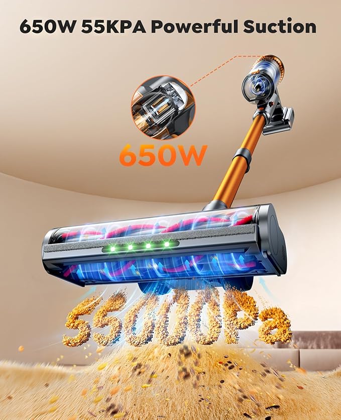 Cordless Vacuum Cleaner, 55KPa 650W 70Mins Stick Vacuum Cleaners for Home, Self-Standing Handheld Vacuum with 3.3Ft Extendable Hose, LED Touch Screen for Pet Hair/Floor/Carpet