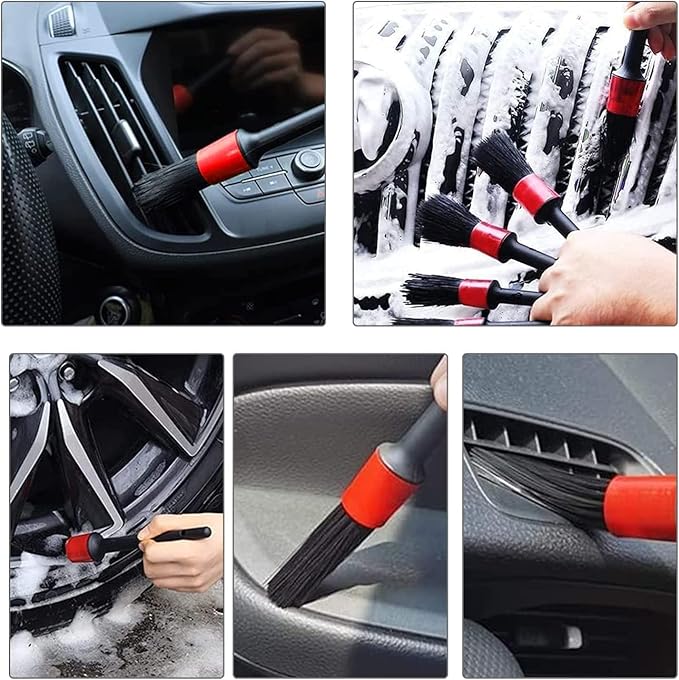 Nurkul 11Pcs Auto Detailing Set, Boar Hair Brushes, Steel Wire & A/C Brushes, Red, Soft Bristles, Wood Handles for Cleaning Interior, Exterior, Leather, 6 Sizes