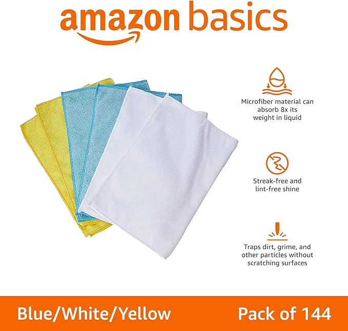 Amazon Basics Microfiber Cleaning Cloths for Cars, Non-Abrasive, Highly Absorbent, Lint and Scratch-Free, Reusable and Washable, Car Detailing Towels, 16" x 12", Blue/White/Yellow, 144-Pack