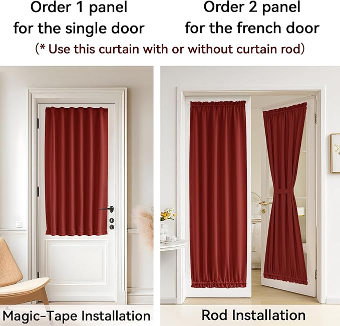 Vatge Sunlight Blocking French Door Curtain with Magic Tape - Self Adhesive Sidelight Curtains for Front Door, 1 Panel, W25 x L80, Christmas Red