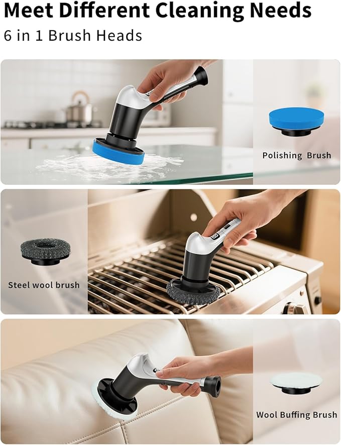 Electric Spin Scrubber, Cordless Household Cleaning Brush with 6 Replaceable Heads, 3 Speeds, LED Display, Lightweight Handheld Power Scrubber for Cleaning Stove/Bowl/Sink/Corner/Tile/Grout-Black