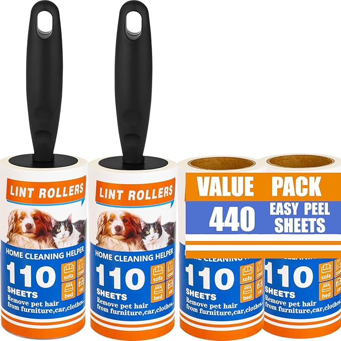Lint Roller 440 Sheets with 2 Extra Handles, Pet Hair Remover for Laundry, Extra Sticky Lint Rollers for Pet Hair on Clothes, Furniture, Car - Dog & Cat Hair Removal Tool