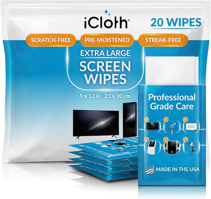 iCloth XL Screen Cleaning Wipes, Lint-Free and Streak-Free, Fast-Drying, Removes Dust, Fingerprints, and Smudges (20 XL 