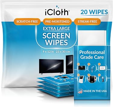iCloth XL Screen Cleaning Wipes, Lint-Free and Streak-Free, Fast-Drying, Removes Dust, Fingerprints, and Smudges (20 XL 