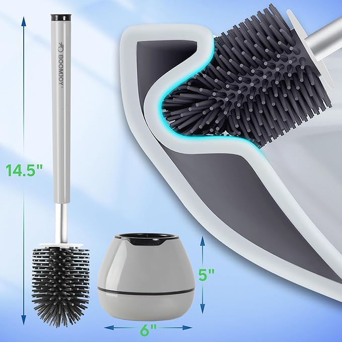 BOOMJOY Toilet Brush and Holder Set, Silicone Toilet Bowl Cleaner Brush, Toilet Scrubber Brush with Tweezers for Bathroom Cleaning, RV Accessories and House Organization Must-Haves - Gray