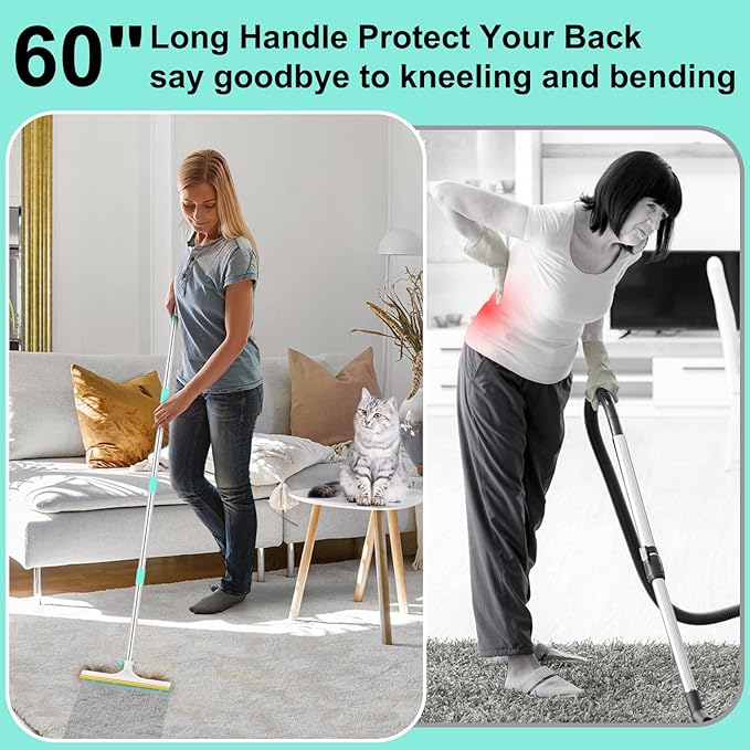 Carpet Rake for Pet Hair Removal - 60" Adjustable Long Handle Carpet Rake, 3 in 1 Reusable Pet Hair Removal Tool Kit, Cat Dog Fur Rakes Scraper Carpet Broom (White)
