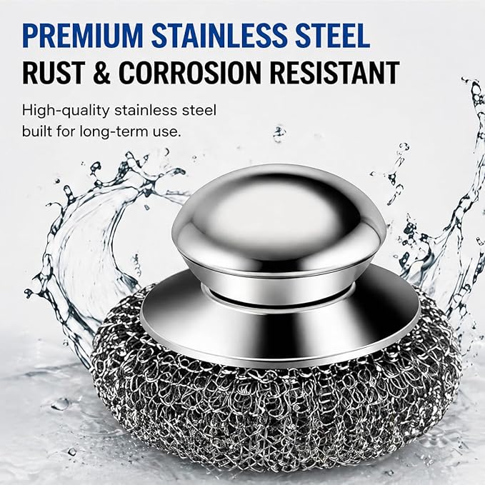 Steel Wool Scrubber, 10-Pack Stainless Steel Scrubber Pads with Handle - The Ultimate Scouring Solution for Rust, Stubborn Messes on Cookware, Grill, Oven & Kitchen Sinks