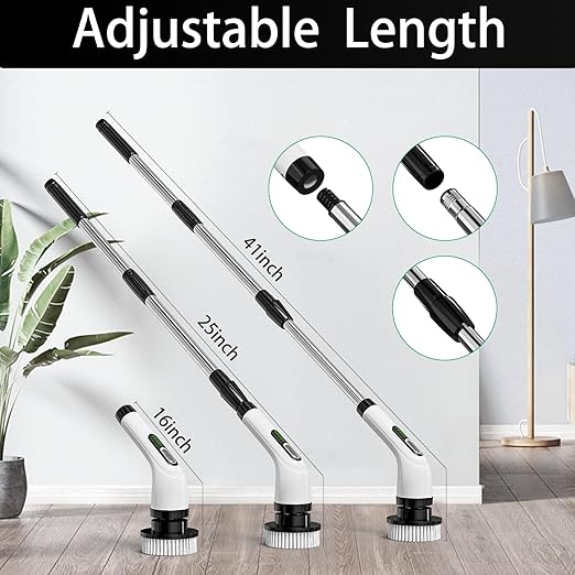 Cordless Electric Spin Scrubber - IPX7 Waterproof, LCD Display, 8 Brush Heads, Adjustable Extension Handle, for Shower, Bathtub, Tile, Grout, Kitchen, Bathroom Cleaning