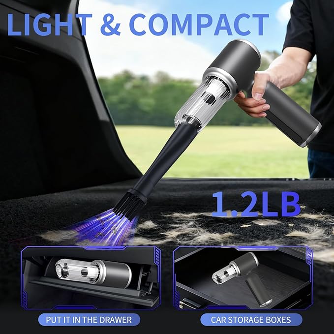 2 in 1 Handheld Car Vacuum Portable Cordless, 2 Speed Handheld Vacuum 25000PA High Power Air Blower & Pump & Air Duster, Mini Hand Held Vacuum Rechargeable for Home, Car, Office, Pet Hair
