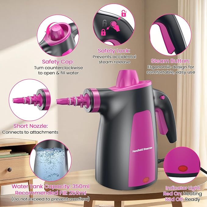 LABIGO Steam Cleaner, Pressurized Handheld Multi-Surface Natural Steam Cleaner with 12pcs Accessory & Safety Lock, Portable Steamer for Cleaning Home, Kitchen, Bathroom, Car, Upholstery, Grout, Window
