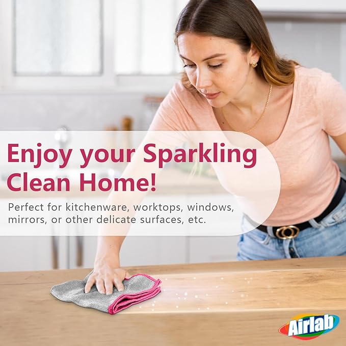 Airlab Glass Polishing Cloth Streak Free Miracle Microfiber Cleaning Cloth Lint Free Cleaning Rags for Glasses Kitchen Dish Mirrors Easy Clean, Pack of 6, 12" x 12", Sliver-Pink