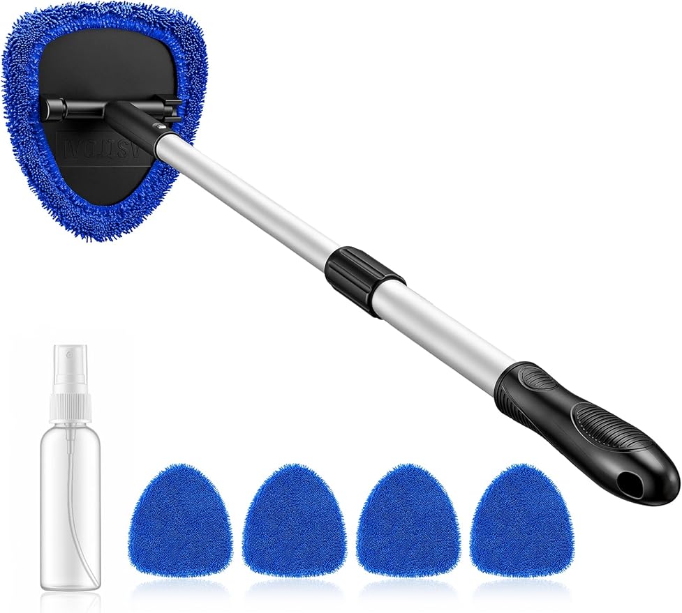 AstroAI 32" Windshield Cleaner Tool, Car Interior Window Detailing Cleaning Kit with Extendable Handle and 4 Easy-to-Install Reusable Microfiber Pads, Auto Glass Wiper Brush Kit for Car&Home, Blue