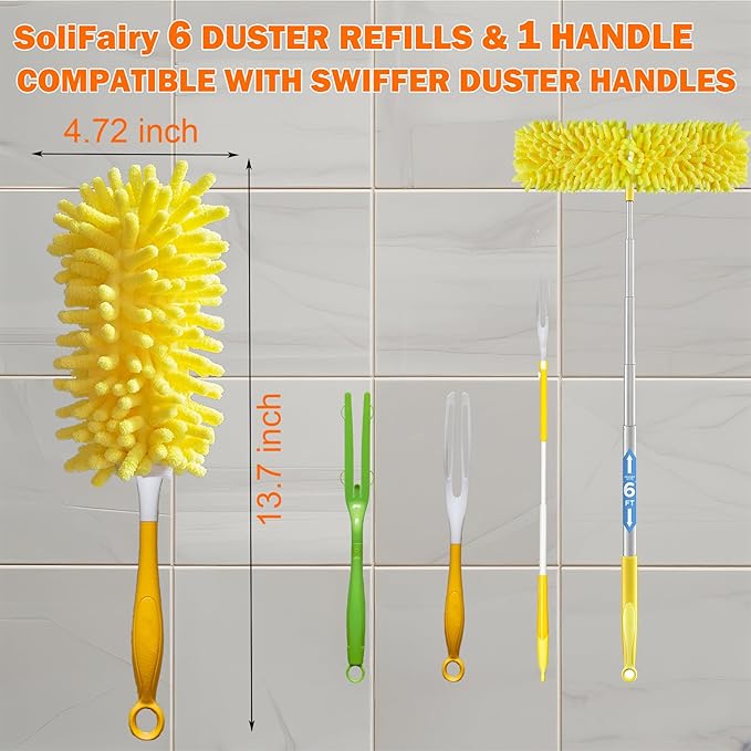 Reusable Duster for Swiffer, 360 Heavy Duty Duster Refill Compatible with Swiffer Hand Dusters for Dusting Furniture, Blinds, Ceiling Fans, Walls and More, 6 Refills +1 Handle, Yellow