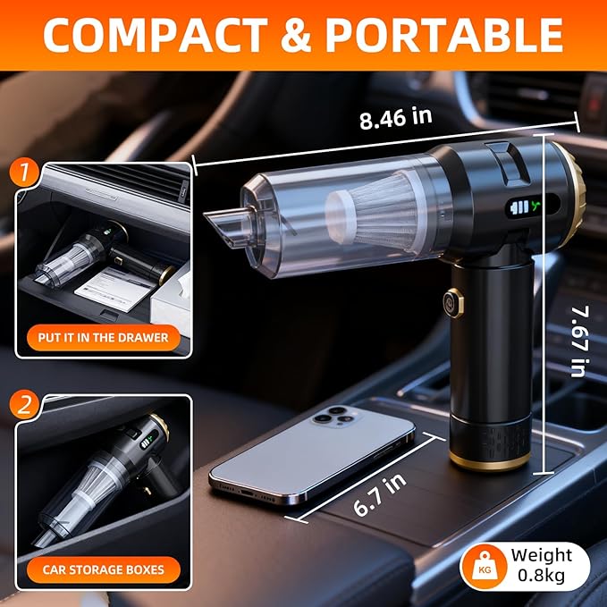 Handheld Vacuum Cleaner Cordless, 23000Pa Powerful Car Mini Vacuum Cleaner, Rechargeable Portable Lightweight dust Catcher for Home Car Carpet Stairs Pet Hair Deep Cleaning（Black-Gold）.