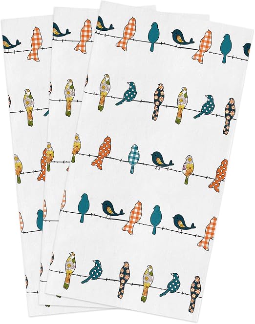 Smile Sunflower Kitchen Towels Microfiber Cleaning Cloths, Birds on The Wire Teal Grey Orange Soft Dish Towels for Kitch