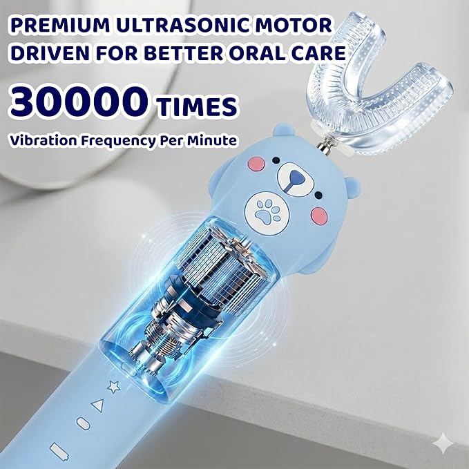 Kids Electric Toothbrush, with 4 Cleaning Modes, with 4 Brush Heads, Toddler U Shaped Toothbrush with 2 Soft Brush Head，Cartoon Bear 360-Degree Cleaning IPX7 Waterproof Design (Ages 2-16)