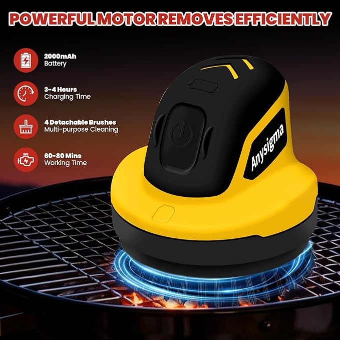 Electric Grill Brush for Outdoor Grill- 4 Replaceable Heads, 3000mAh IPX7 Waterproof BBQ Cleaning Scrubber for Kitchen & Car & Bathroom - Ideal Mother’s for Grill Lovers, Dad, Mom