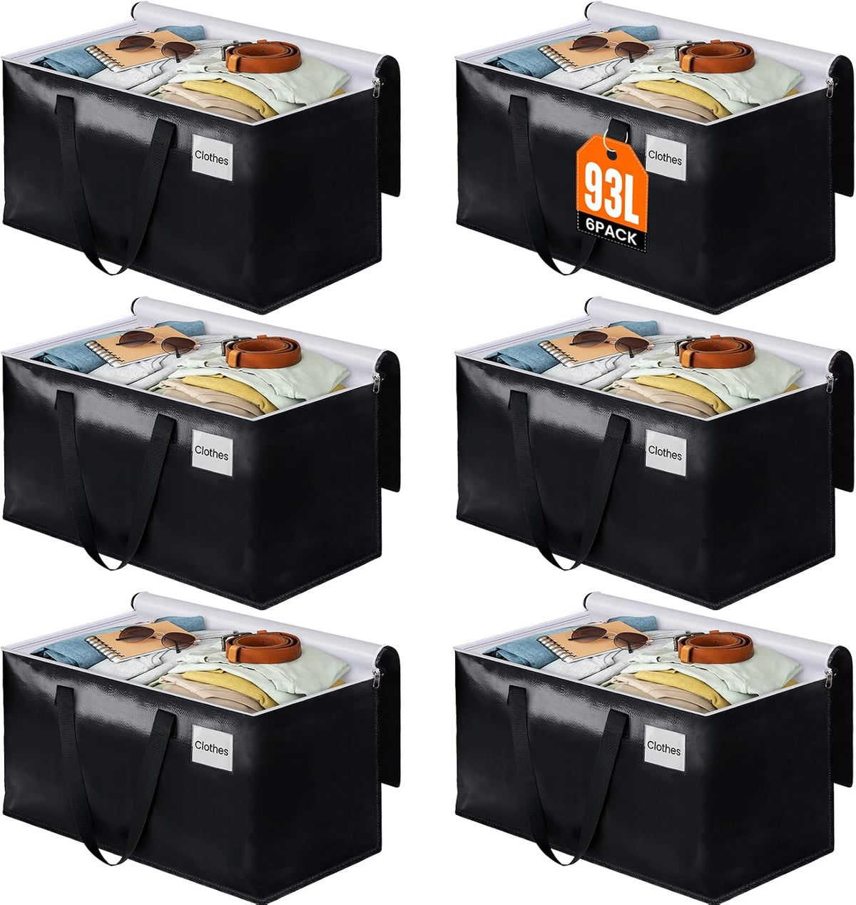 Heavy Duty Moving Bags, Extra Large Storage Bags, 93L, 6-Pack, Black