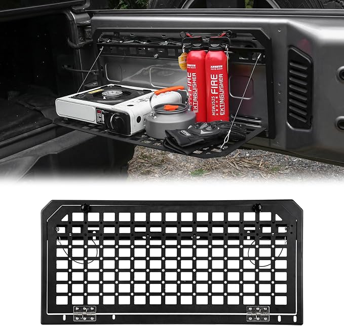 Tailgate Table Rear Foldable Storage Cargo Rack, Storage Shelf Molle Panel for 2007-2025 Jeep Wrangler JKU &JL JLU 4 Doo