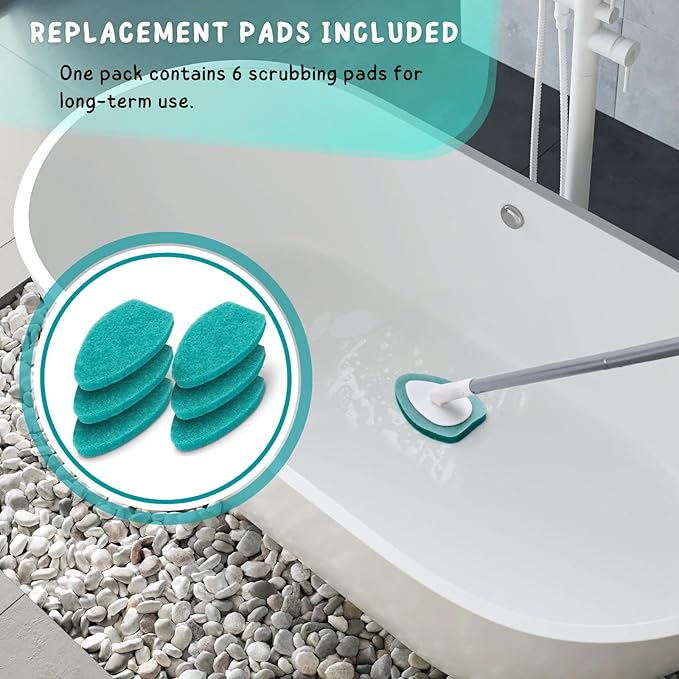 Shower Scrubber with Long Handle, 47'' Bathtub Scrub Brush, Bathroom Tub and Tile Cleaning Tool with 6 Refill Pads